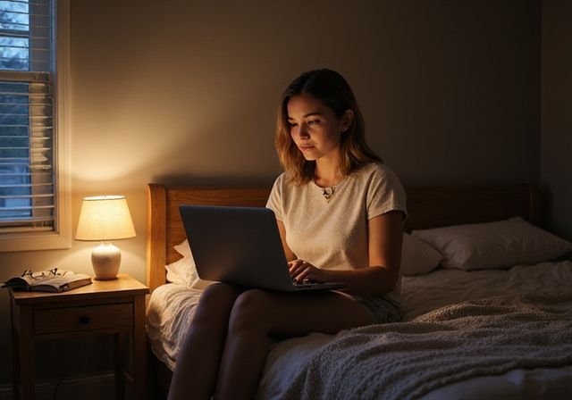 Een vrouw zit ontspannen op een bed met een laptop. Een vrouw zit ontspannen op een bed met een laptop
