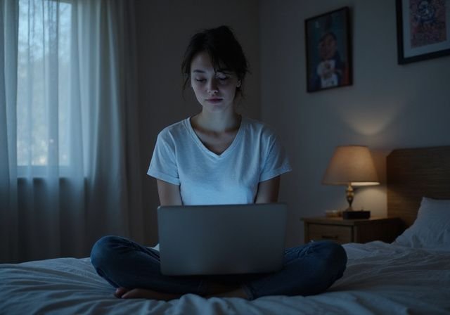 Een jonge vrouw zit geconcentreerd op bed met een laptop. Een jonge vrouw zit geconcentreerd op bed met een laptop