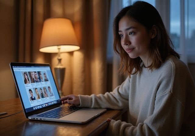 Een vrouw in een comfortabele thuiswerkruimte werkt geconcentreerd op haar laptop. Een vrouw in een comfortabele thuiswerkruimte werkt geconcentreerd op haar laptop