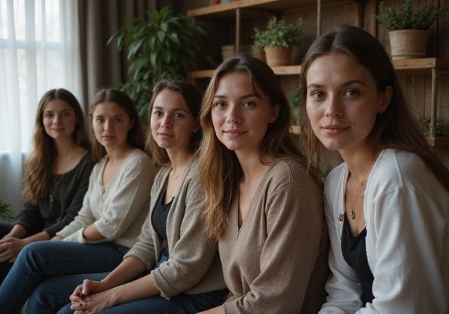 Een groep vrouwen in een gezellige kamer met persoonlijke items. Een groep vrouwen in een gezellige kamer met persoonlijke items