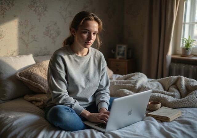 Een vrouw typt geconcentreerd op haar laptop in een gezellige slaapkamer. Een vrouw typt geconcentreerd op haar laptop in een gezellige slaapkamer