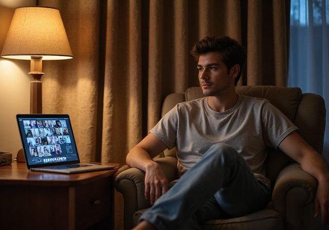 Een jongvolwassene zit ontspannen in een versleten fauteuil met een laptop. Een jongvolwassene zit ontspannen in een versleten fauteuil met een laptop