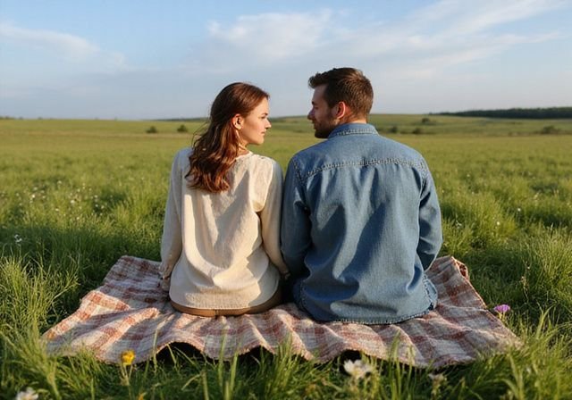 Een jong stel geniet samen op een plaid in een groen veld. Een jong stel geniet samen op een plaid in een groen veld