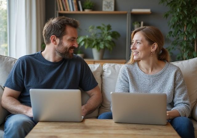 Twee middelbare personen zitten samen op een bank met laptops. Twee middelbare personen zitten samen op een bank met laptops