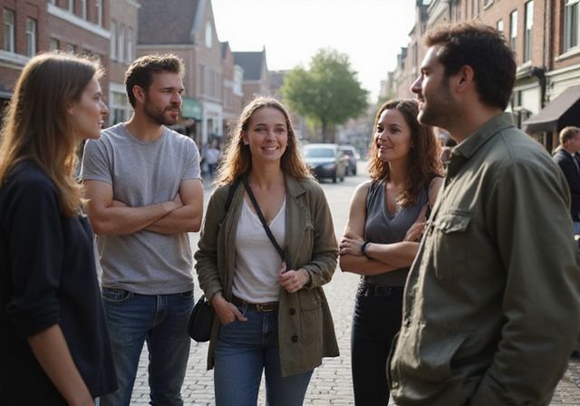 Een diverse groep mensen geniet van een lokaal evenement buiten. Een diverse groep mensen geniet van een lokaal evenement buiten