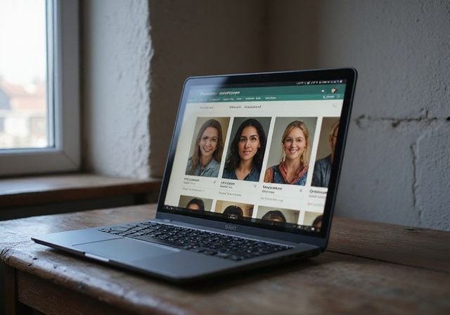 Een laptop toont een lokale datingsite in een modest ingerichte kamer. Een laptop toont een lokale datingsite in een modest ingerichte kamer