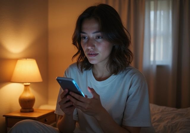Een vrouw in pyjama zit rustig op de rand van een bed. Een vrouw in pyjama zit rustig op de rand van een bed