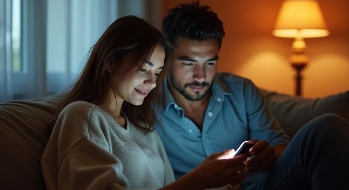 Een jonge vrouw en man zitten samen op een bank en chatten