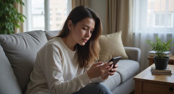 Een vrouw zit ontspannen op een bank en kijkt naar haar smartphone