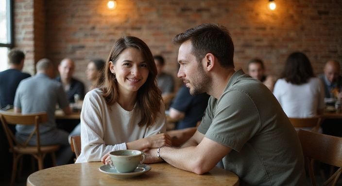 Een man en vrouw delen een intiem gesprek in een café