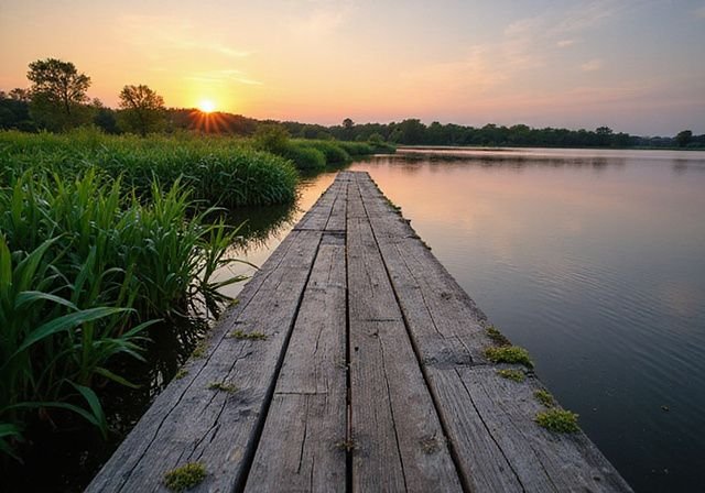 Een oud houten pier strekt zich uit over een rustige meer. Een oud houten pier strekt zich uit over een rustige meer