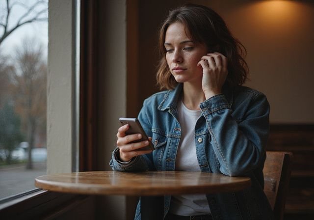 Een vrouw in een café telefoneert terwijl ze ontspannen zit. Een vrouw in een café telefoneert terwijl ze ontspannen zit