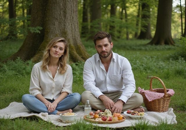 Een man en vrouw genieten van een picknick in het bos. Een man en vrouw genieten van een picknick in het bos