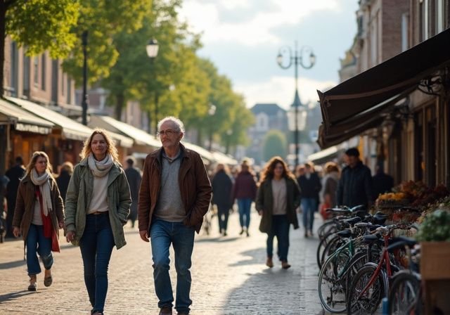 Drukke straat in Gelderland met mensen en marktkramen. Drukke straat in Gelderland met mensen en marktkramen