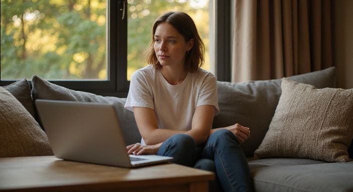 Een vrouw zit ontspannen op een sofa met een laptop. Een vrouw zit ontspannen op een sofa met een laptop