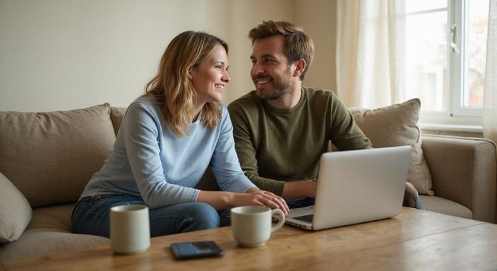 Een stel zit op een bank, genietend van een ontspannen gesprek. Een stel zit op een bank, genietend van een ontspannen gesprek en willen gratis aanmelden voor sexcontact
