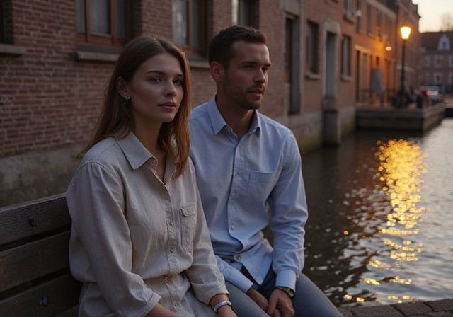 Een man en vrouw zitten samen op een bank bij het water. Een man en vrouw zitten samen op een bank bij het water