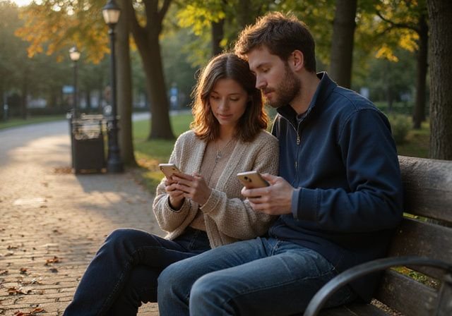 Een stel kijkt naar hun telefoons op een houten bank in het park. Een stel kijkt naar hun telefoons op een houten bank in het park