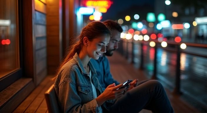Een man en vrouw delen een intiem moment op een terras. Een man en vrouw delen een intiem moment op een terras