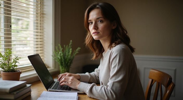 Een vrouw in een huiselijke kantoorruimte werkt geconcentreerd op haar laptop. Een vrouw in een huiselijke kantoorruimte werkt geconcentreerd op haar laptop