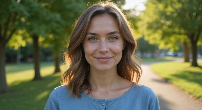 Een vrouw met een warme glimlach in een park. Een vrouw met een warme glimlach in een park