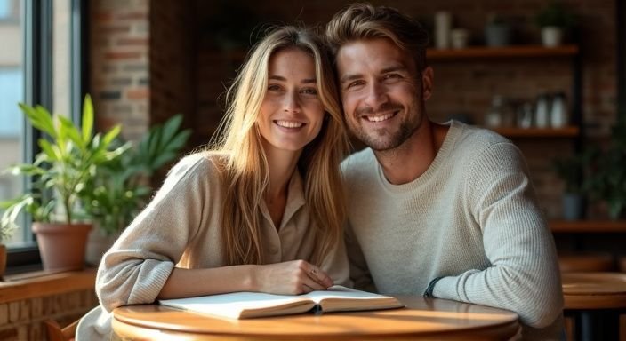 Een man en vrouw delen een intieme momenten in een café. Een man en vrouw delen een intieme momenten in een café