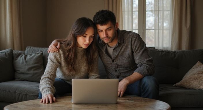 Een vrouw en man zitten samen op een sofa met een laptop. Een vrouw en man zitten samen op een sofa met een laptop