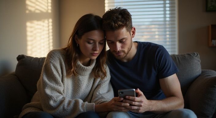 Een man en vrouw kijken samen naar een smartphone op de bank. Een man en vrouw kijken samen naar een smartphone op de bank