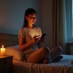 Een vrouw zit op bed en typt geconcentreerd op haar smartphone