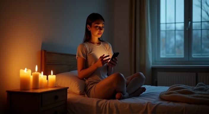 Een vrouw zit op bed en typt geconcentreerd op haar smartphone. Een vrouw zit op bed en typt geconcentreerd op haar smartphone