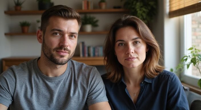 Een man en vrouw videobellen in een minimalistische woonkamer. Een man en vrouw videobellen in een minimalistische woonkamer