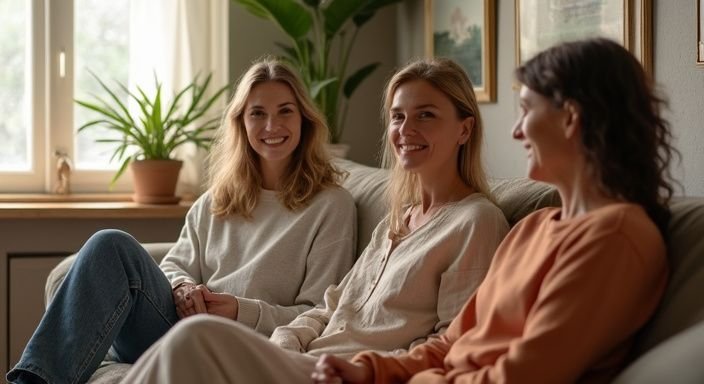 Groep vrouwen in een gezellige woonkamer met intieme gesprekken. Groep vrouwen in een gezellige woonkamer met intieme gesprekken