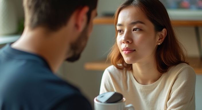 Een smartphone toont een privégesprek tussen twee jonge volwassenen. Een smartphone toont een privégesprek tussen twee jonge volwassenen