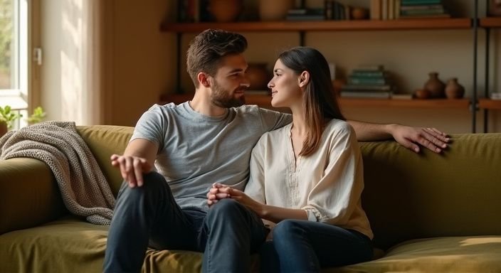 Een jong stel zit samen op een comfortabele bank en praat. Een jong stel zit samen op een comfortabele bank en praat