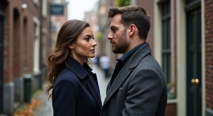 Een vrouw en man staan dicht bij elkaar in een smalle steeg. Een vrouw en man staan dicht bij elkaar in een smalle steeg