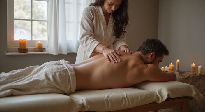 Een vrouw geeft een massage aan een man in een rustige ruimte.