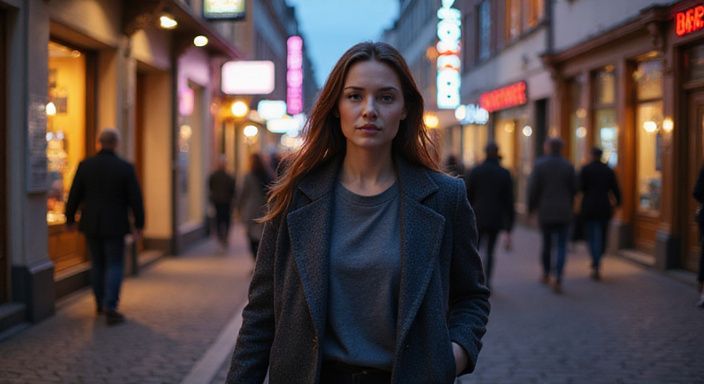 Een jonge vrouw wandelt zelfverzekerd door een bruisende nachtelijke straat en wil neuken in Groningen.