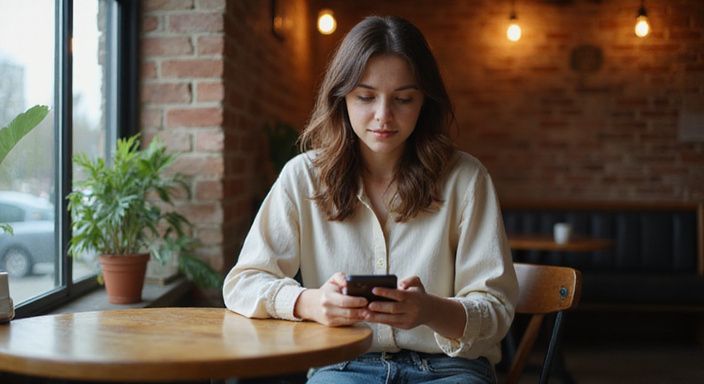 Een jonge vrouw zit ontspannen in een café en gebruikt haar smartphone.