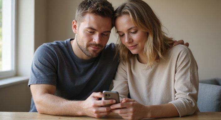 Een man en vrouw kijken samen naar een smartphone bij een tafel. Een man en vrouw kijken samen naar een smartphone bij een tafel