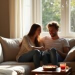 Een gezellig woonkamer met een comfortabele bank en twee genietende volwassenen