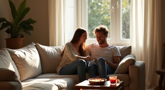 Een gezellig woonkamer met een comfortabele bank en twee genietende volwassenen