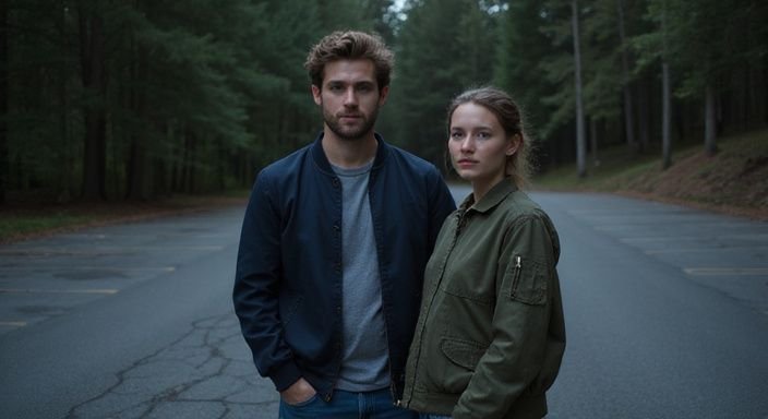 Een man en vrouw staan ontspannen in een verlaten parkeerplaats. Een man en vrouw staan ontspannen in een verlaten parkeerplaats