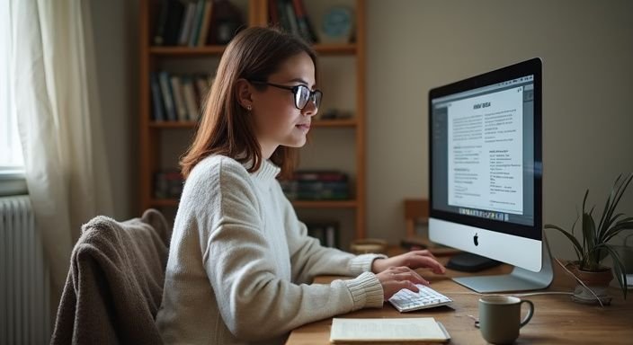 Een vrouw werkt geconcentreerd aan een bureau vol papieren. Een vrouw werkt geconcentreerd aan een bureau vol papieren