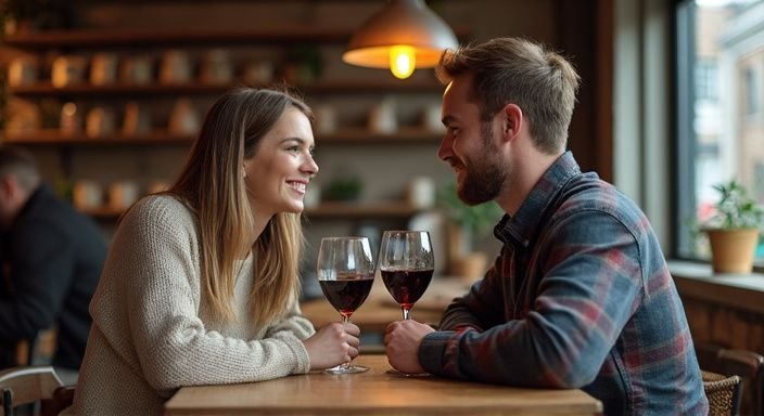 Een man en vrouw genieten van elkaars gezelschap in een café