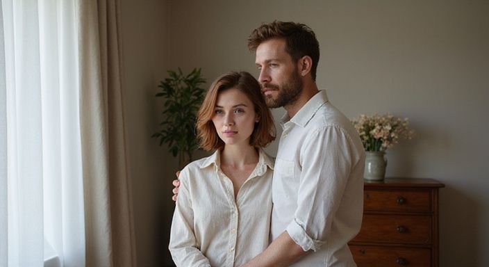 Een vrouw en man staan samen in een elegante slaapkamer