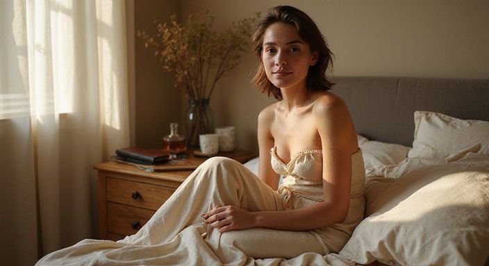 Een ontspannen persoon zit op de rand van een bed