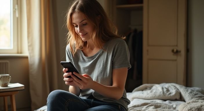 Een vrouw geniet ontspannen op bed terwijl ze haar smartphone bekijkt