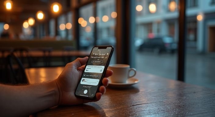 Een koffiehuis met een persoon die een dating app gebruikt