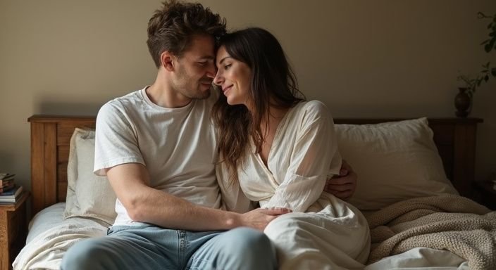 Een man en vrouw delen een intiem moment op hun bed