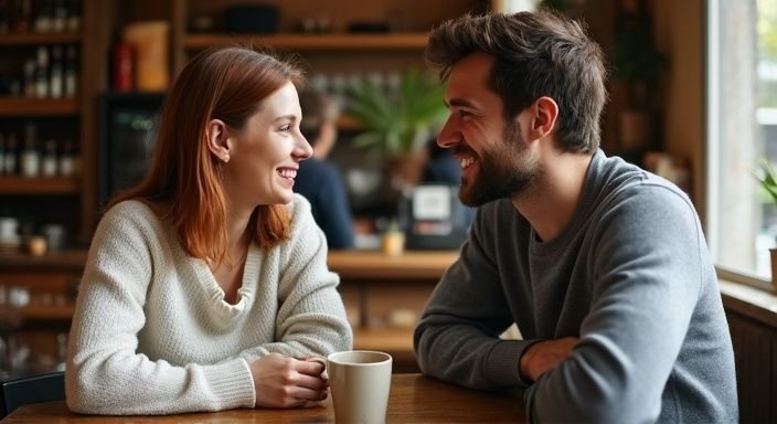 Een vrouw en man delen een intiem gesprek in een café. Een vrouw en man delen een intiem gesprek in een café